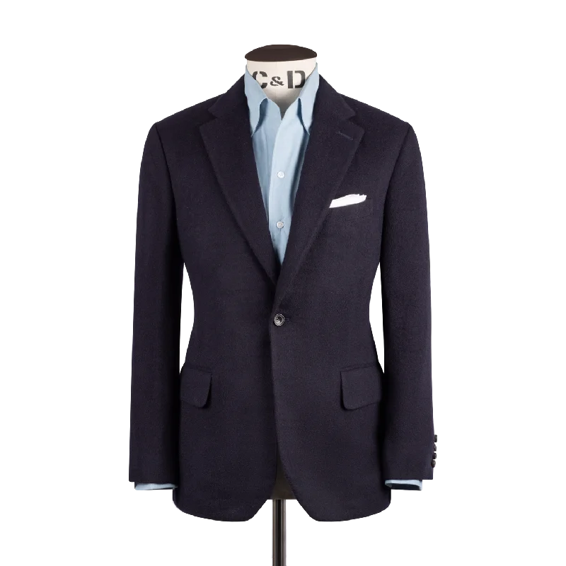 Single Breasted Notch Jacket in Navy Pure Cashmere A-Line Jacket Boat Neck Shawl Collar Single Breasted Notch Jacket in Navy Pure Cashmere A-Line Jacket Boat Neck Shawl Collar