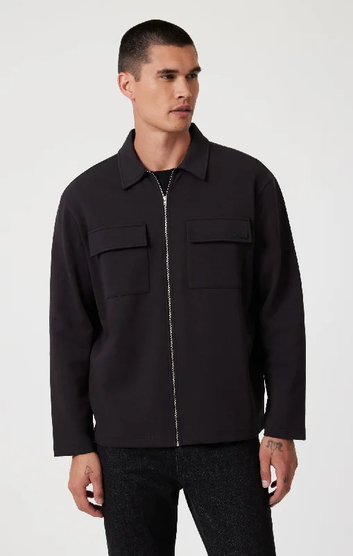 DOUBLE POCKET ZIP-UP JACKET IN BLACK Denim Fabric Leather Fabric Suede Fabric