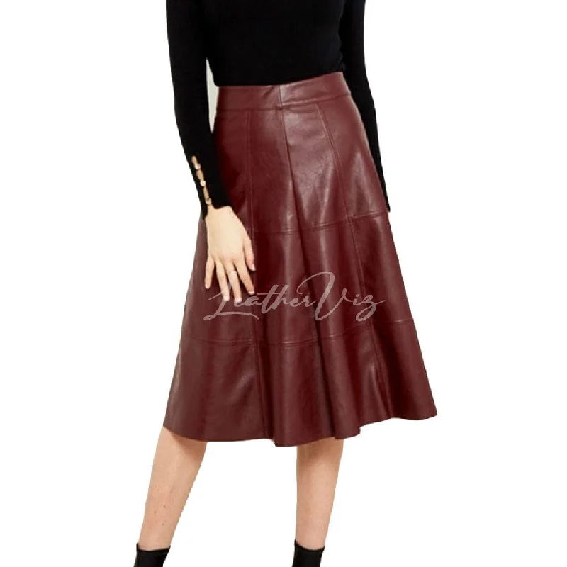 PANELED A LINE KNEE LENGTH LEATHER SKIRT silk skirt lustrous