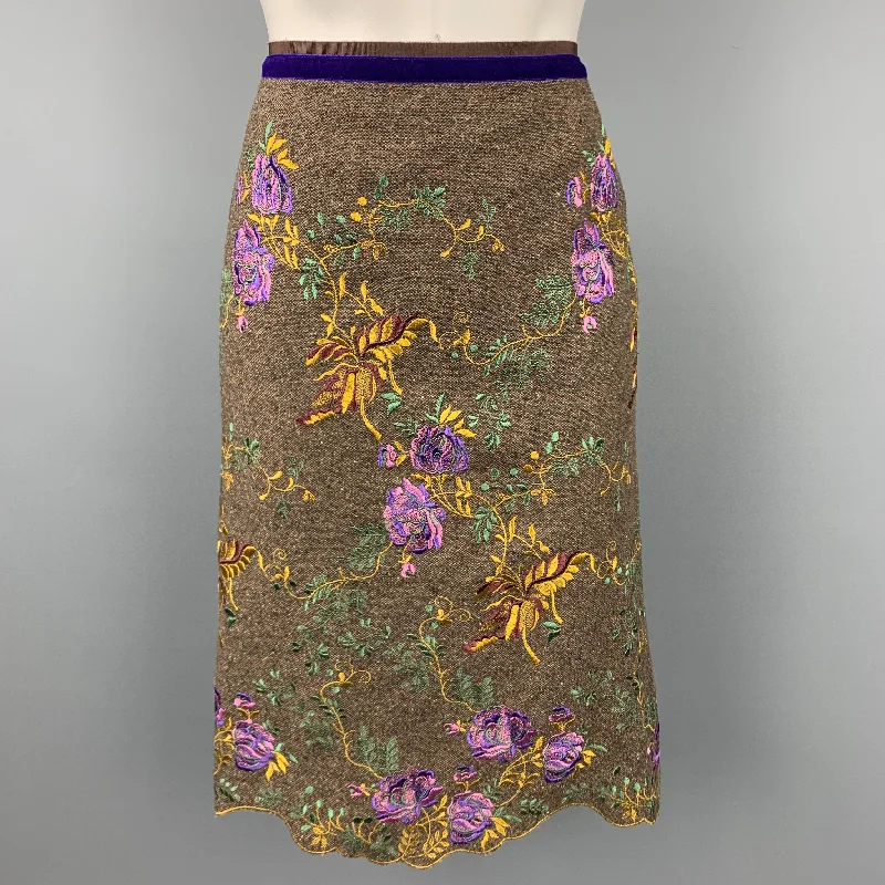 ETRO Size 10 Brown Tweed Embroidered Wool A-Line Skirt leather skirt modern