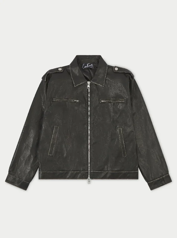 DISTRESSED VINTAGE BIKER JACKET - WASHED BLACK Rayon Fabric Velvet Fabric Corduroy Fabric