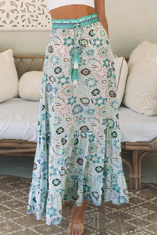 Sky Blue Boho Floral Print Maxi Skirt flowy skirt hem