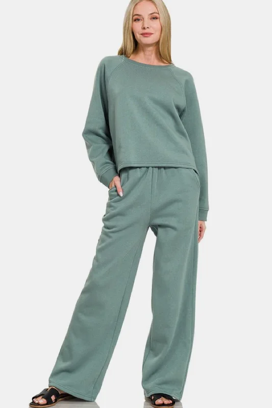 Hazel Blues® |  Zenana Round Neck Raglan Sleeve Top and Elastic Waist Pants Set Comfy High-Waist Jeans