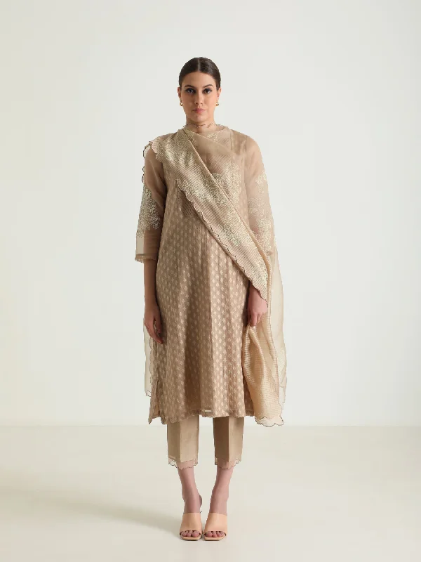 Beige Tunic In Brocade And Silk Chanderi Pant With Dupatta Trendy Wide-Leg Pants