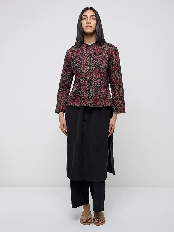 Utsa Red Ikat Design Cotton Quilted Jacket A-Line Jacket Boat Neck Shawl Collar