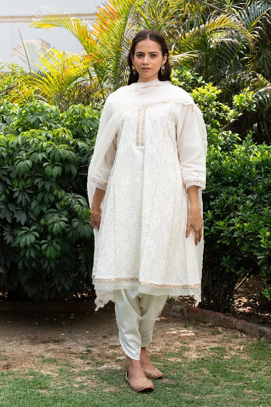 Off-White Floral Embroidered Short Anarkali Kurta Set With Dhoti Pants Soft Stretch Pants