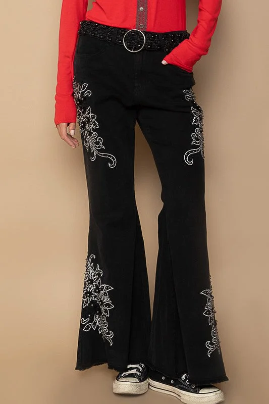 Hazel Blues® |  POL Raw Hem Embroidered Flare Pants Comfy Zip-Up Pants
