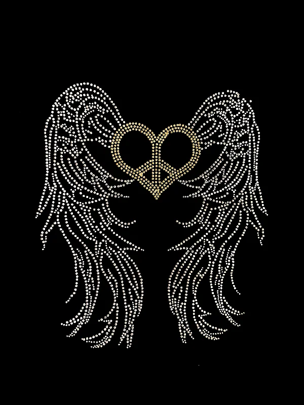 Peace Sign Heart with Angel Wings Rhinestone Fitted V-Neck T-Shirt