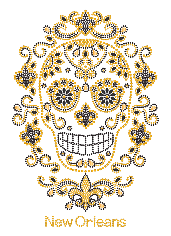 Black and Gold Sugar Skull with Surrounding Fleur de Lis Rhinestone Tshirt