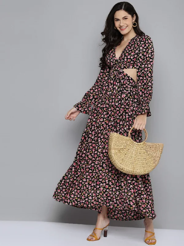 Women Black Ditsy Floral Waist Cut-Out Maxi Dress