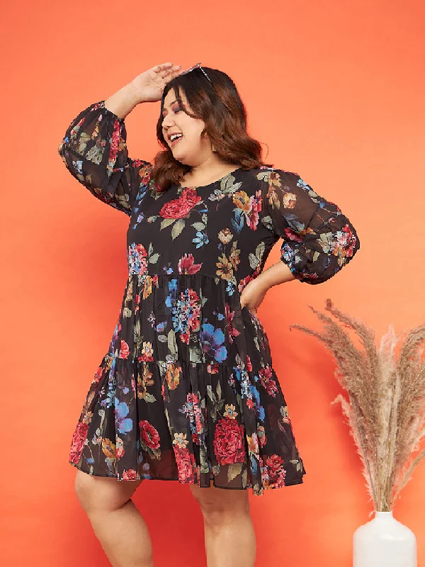 Women Black Floral Raglan Sleeves Tiered Dress