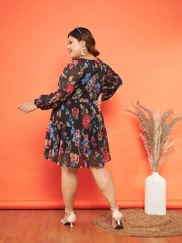 Women Black Floral Raglan Sleeves Tiered Dress