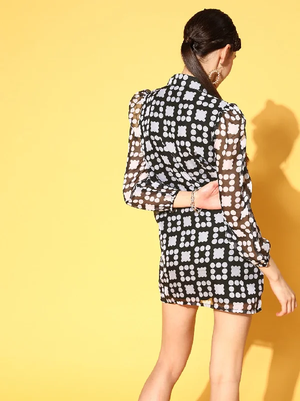 Women Black Organza Dot Prints Shirt Dress