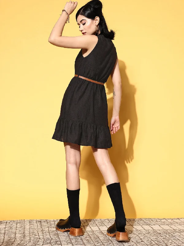 Women Black Schiffli V-Neck Frill Hem Belted Dress