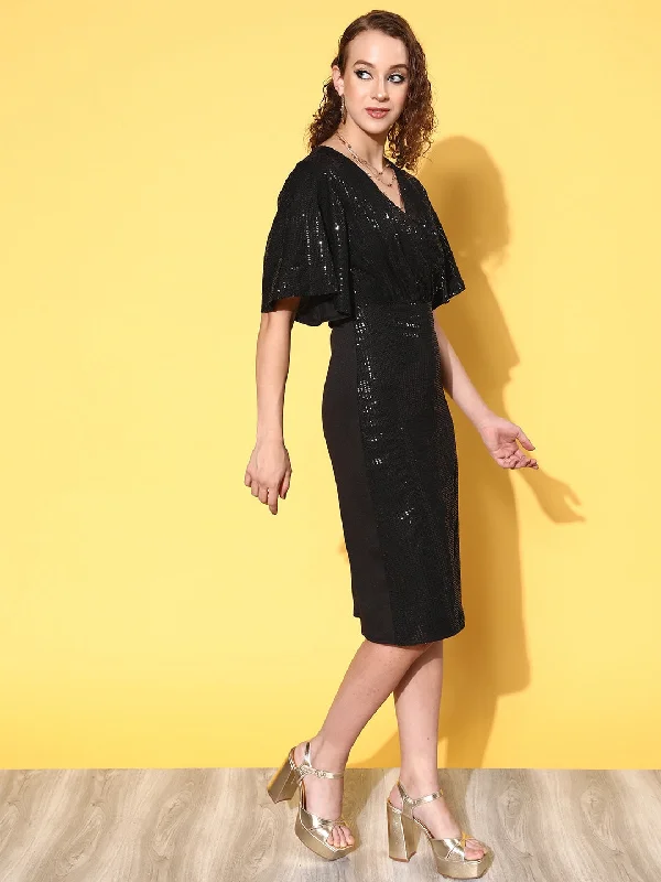 Women Black Sequin Wrap Front Midi Dress