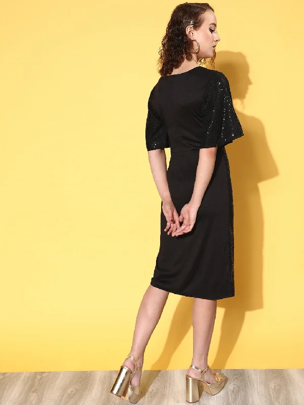 Women Black Sequin Wrap Front Midi Dress