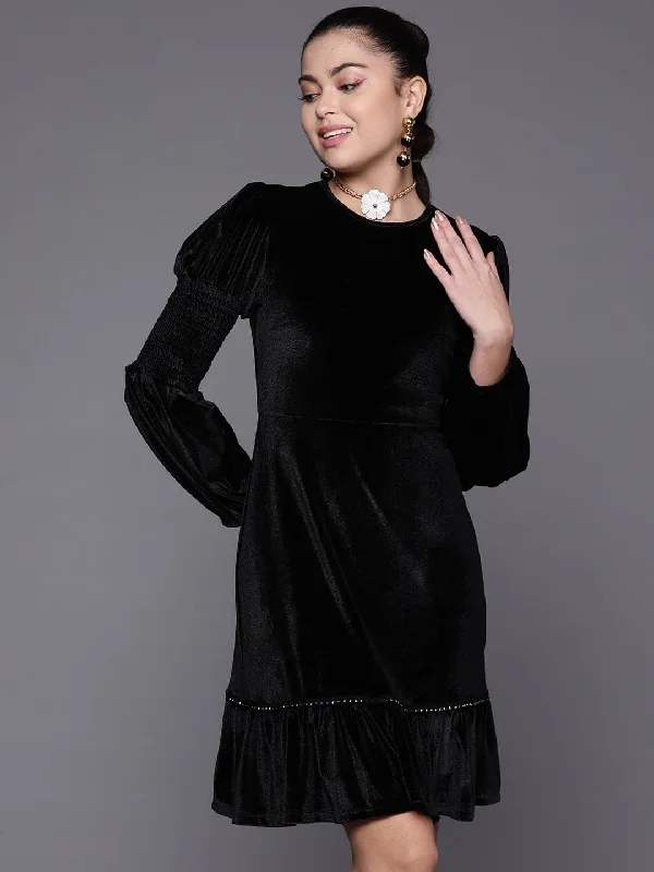 Women Black Velvet Frill Hem Dress