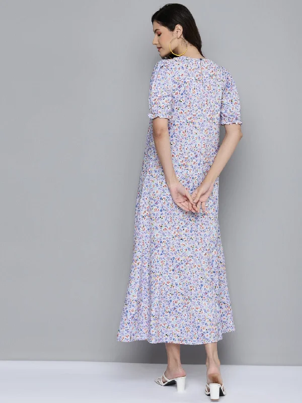 Women Blue Ditsy Floral Puff Sleeve Tiered Maxi Dress