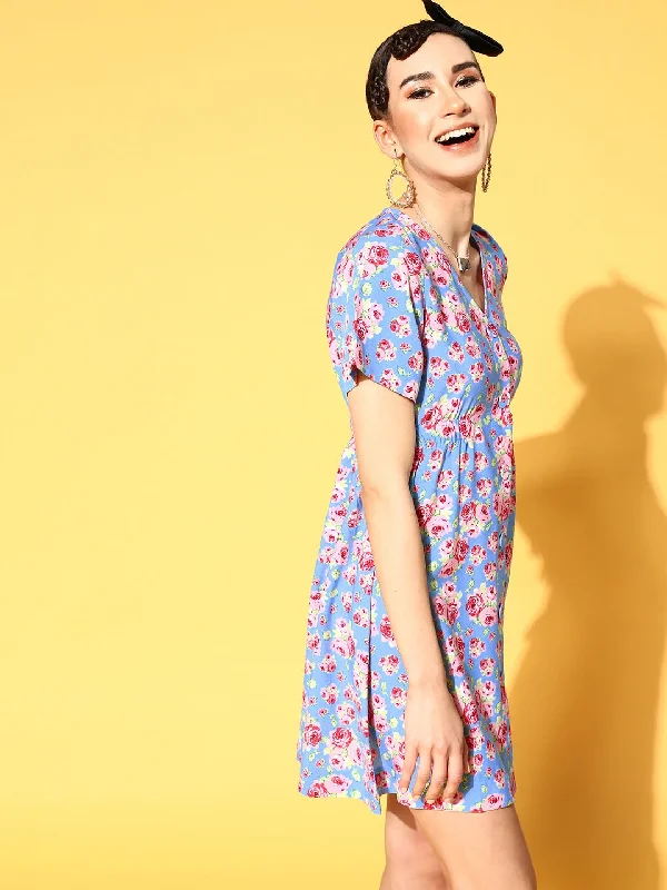 Women Blue Floral Front Button Dress