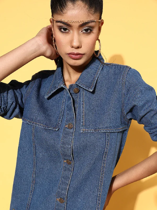 Women Blue Front Flap Denim Shirt Dress