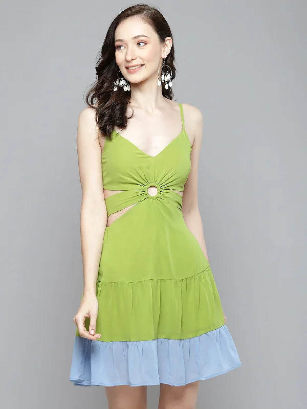 Women Blue & Lime Green Side Cut-Out Short Dress