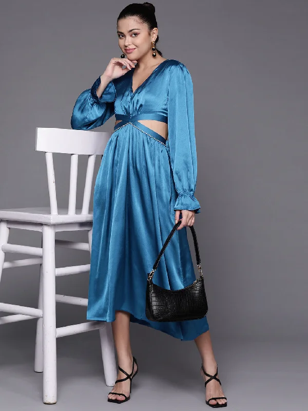 Women Blue Satin Cut Out Midi Dress