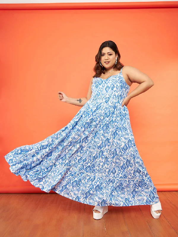 Women Blue & White Ikat Strappy Tiered Maxi Dress