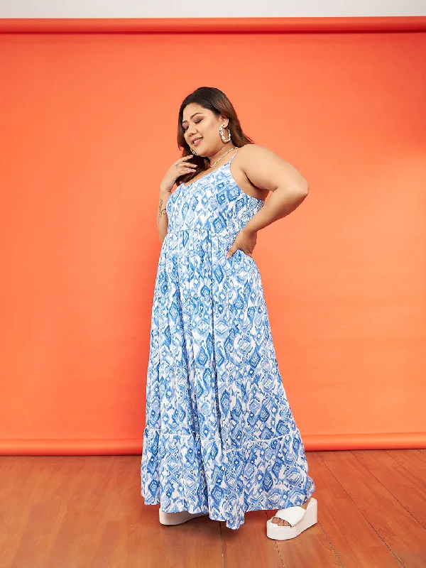 Women Blue & White Ikat Strappy Tiered Maxi Dress