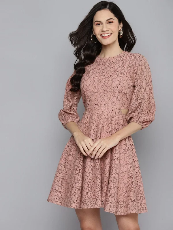 Women Dusty Pink Lace Waist Cut-Out Dress