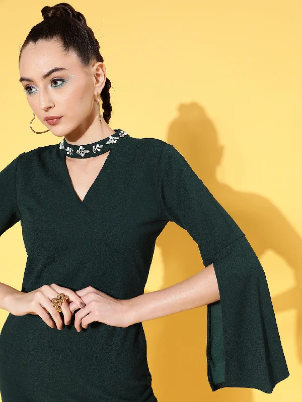 Women Emerald Canton Cape Sleeves Choker Shift Dress