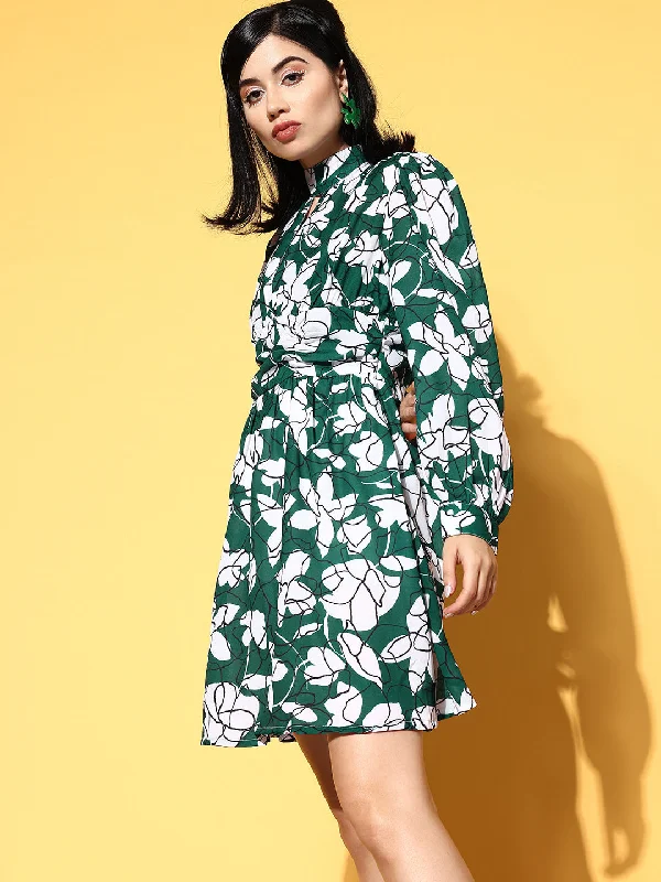 Women Emerald Green & White Floral Cuff Sleeves Dress