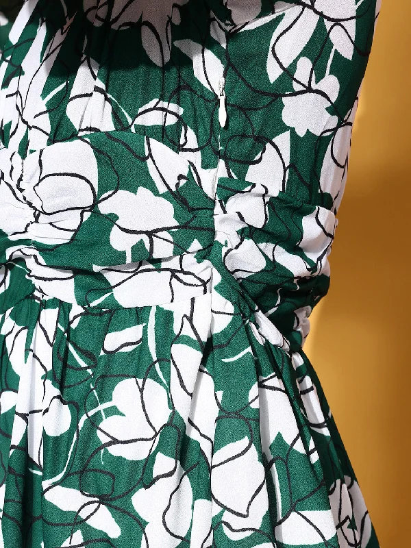 Women Emerald Green & White Floral Cuff Sleeves Dress