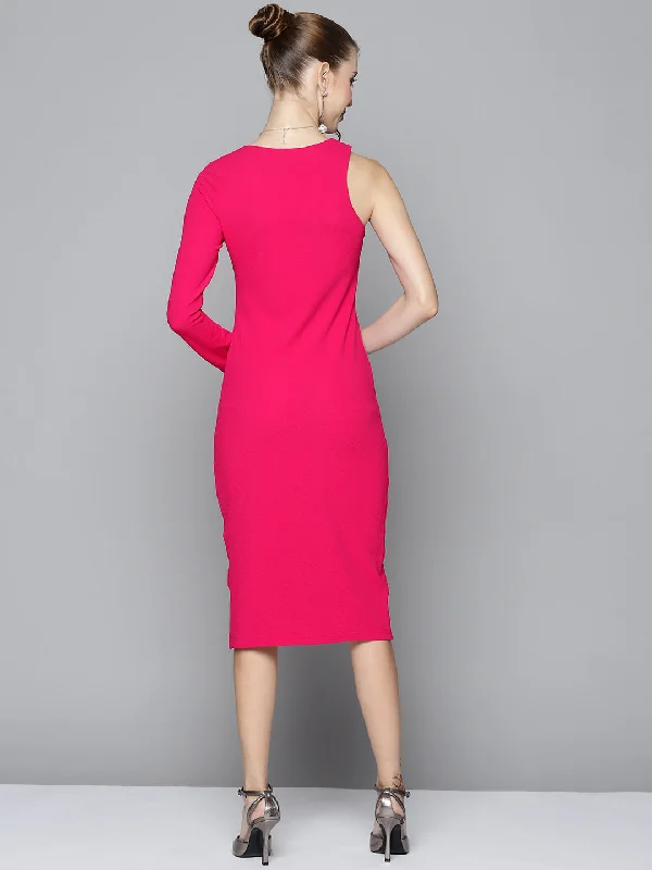 Women Fuchsia One Side Sleeve Bodycon Dress