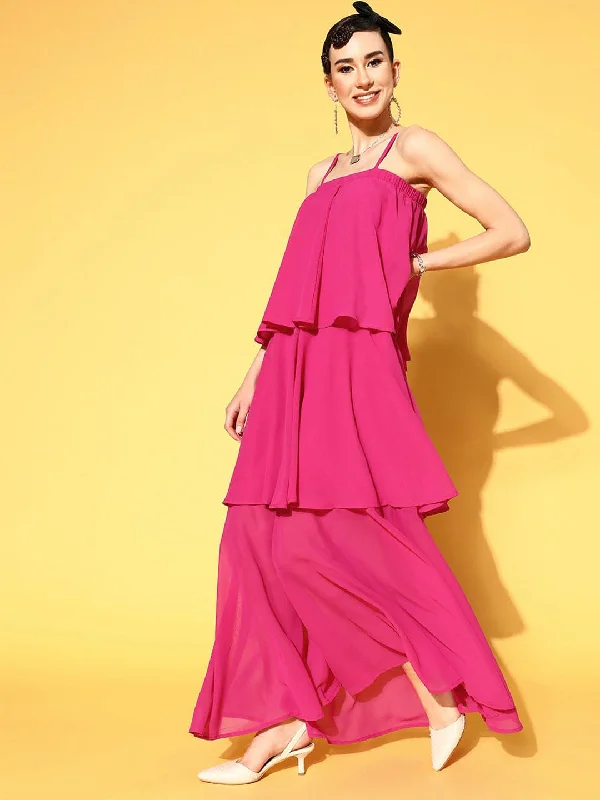 Women Fuchsia Strappy Layered Maxi Dress