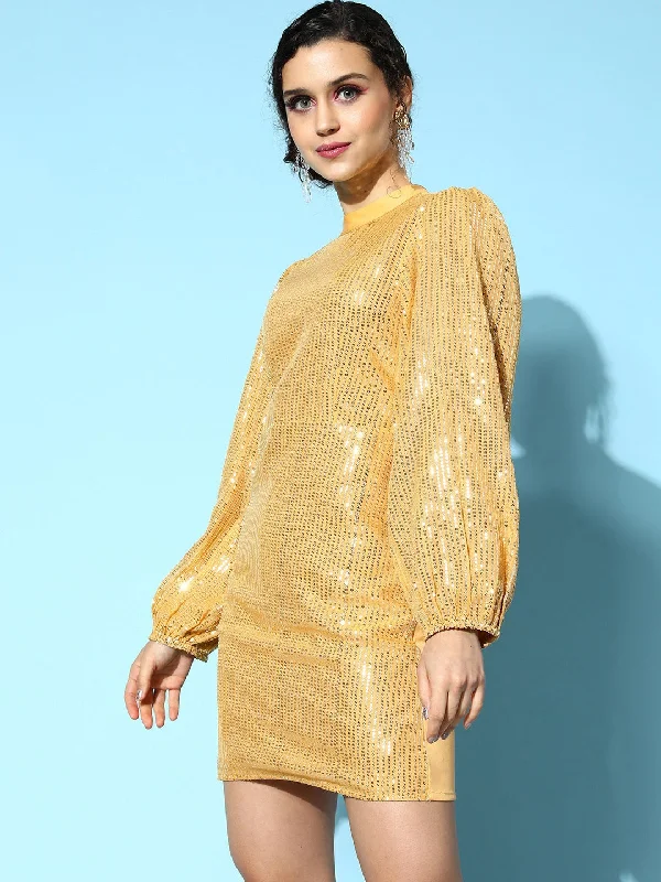 Women Gold Sequin Puff Sleeves Bodycon Dress