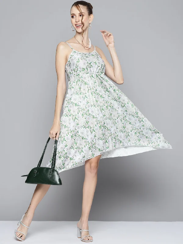 Women Green Floral Strappy Asymmetric Hem Dress