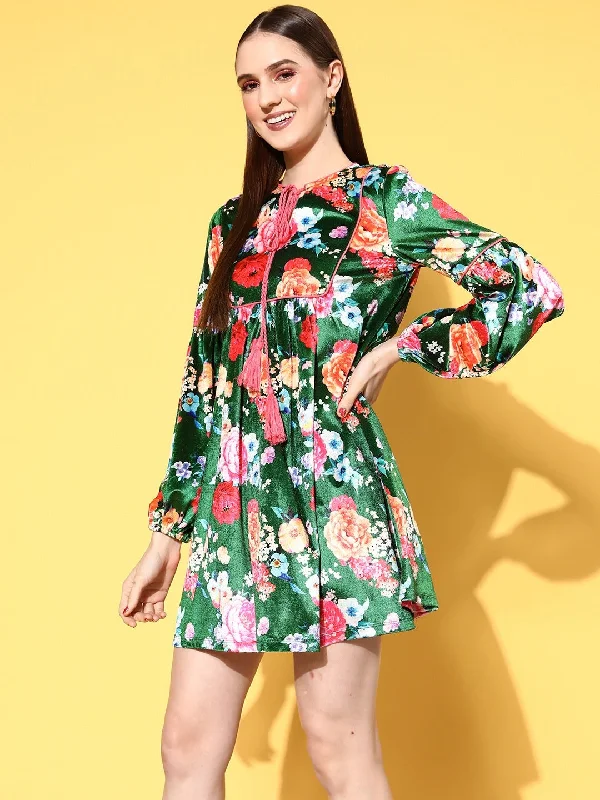 Women Green Floral Velvet Tie-Up Skater Dress