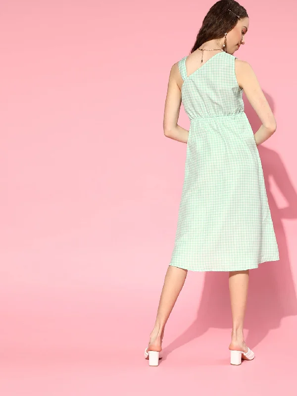 Women Green Gingham Check One Strap Dress