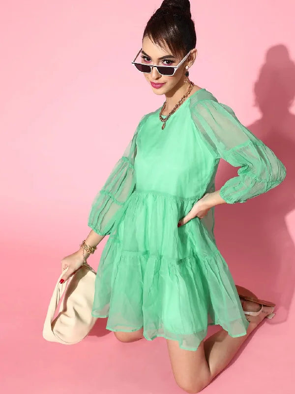 Women Green Organza Drop Shoulder Tiered Dress