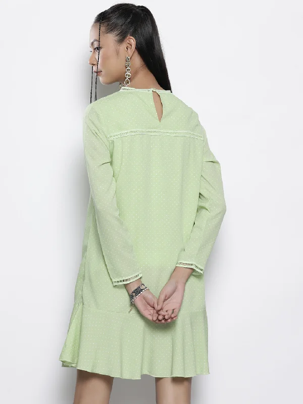 Women Green Pin Dot Frill Hem Dress