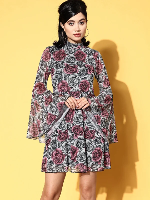 Women Grey Floral Bell Sleeves Mesh Net Dress