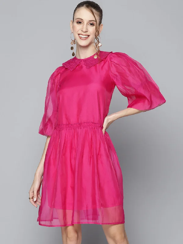 Women Magenta Embroidered Collar Organza Dress