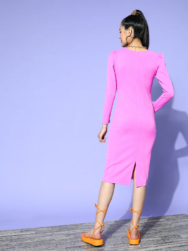 Women Mauve Rib Square Neck Bodycon Midi Dress