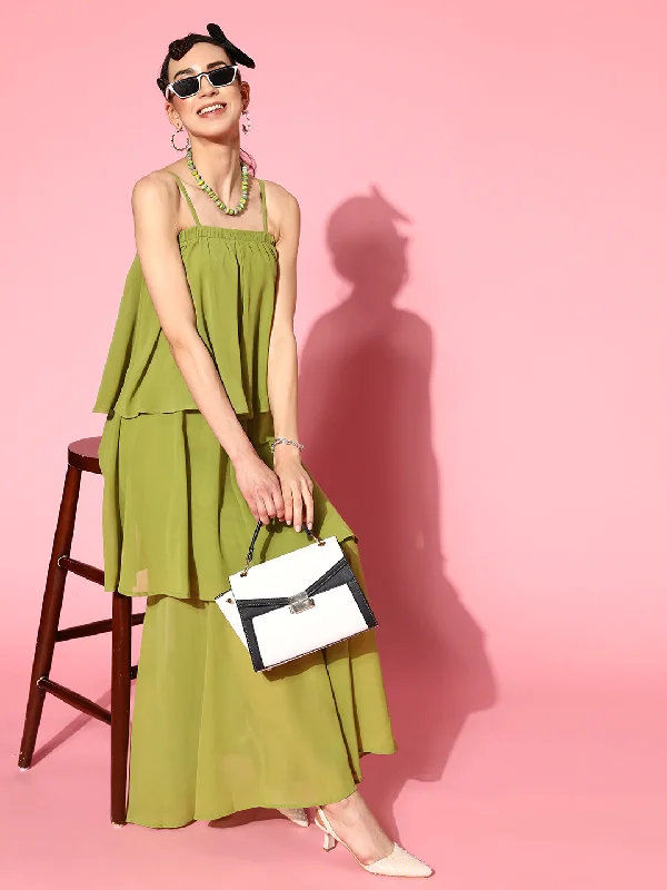 Women Mint Green Strappy Layered Maxi Dress