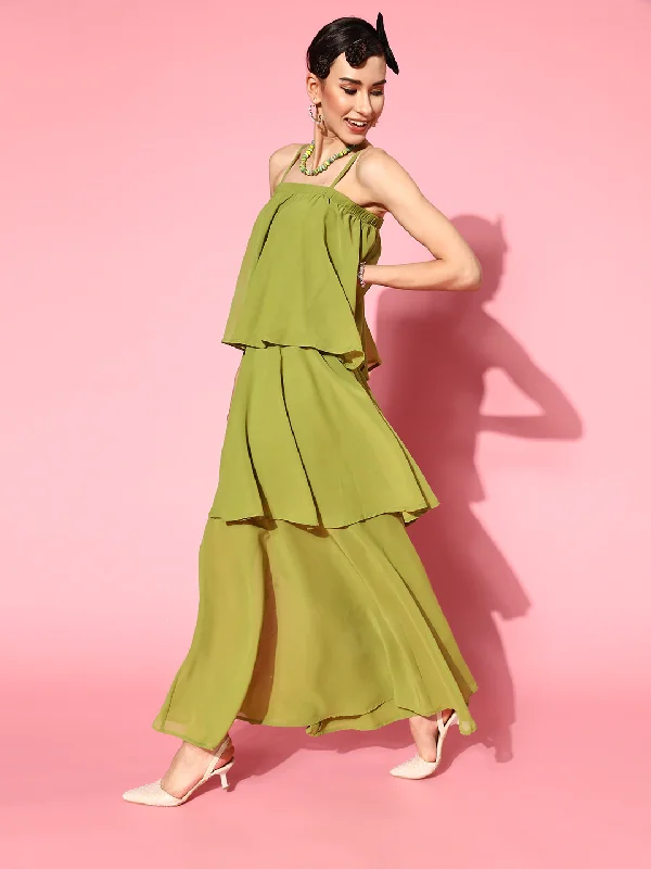 Women Mint Green Strappy Layered Maxi Dress