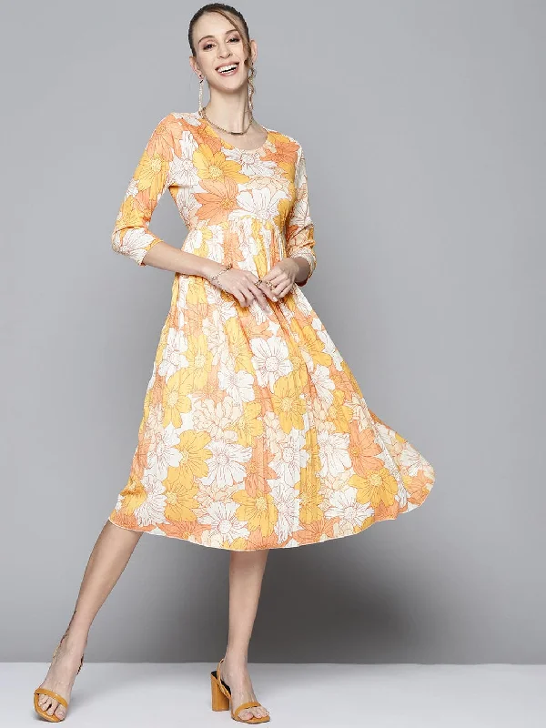 Women Mustard Floral Round Neck Pleated Dress