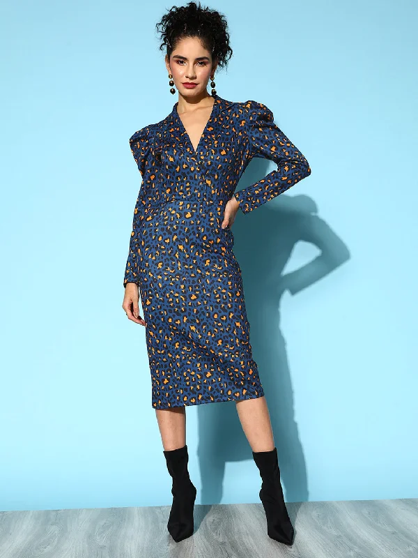 Women Navy Cheetah Scuba Wrap Bodycon Midi Dress