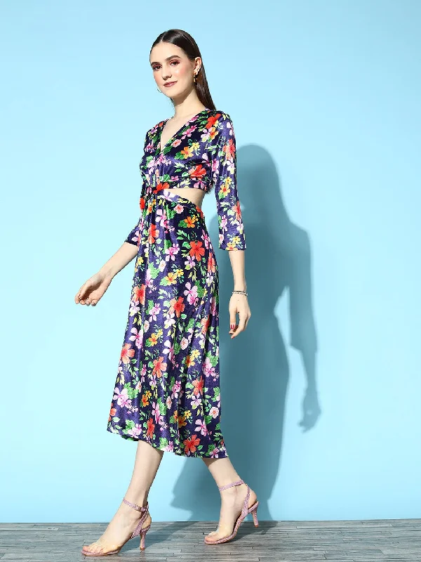 Women Navy Floral Velvet Side Cut-Out Midi Dress