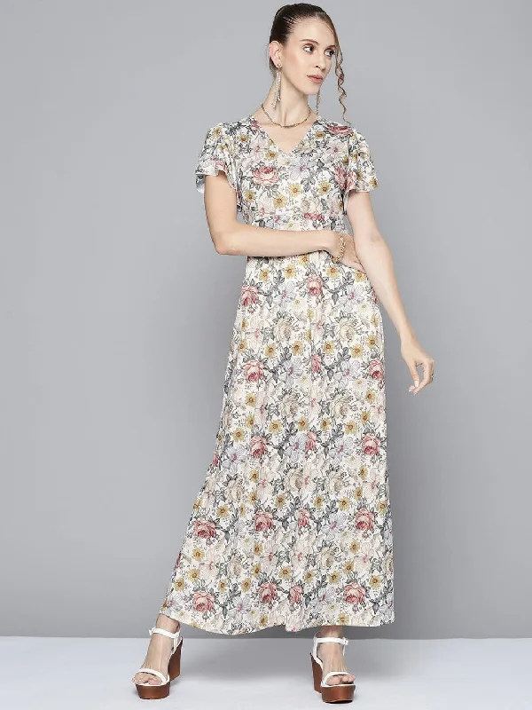 Women Off White Floral Back Cut Out Maxi Dress