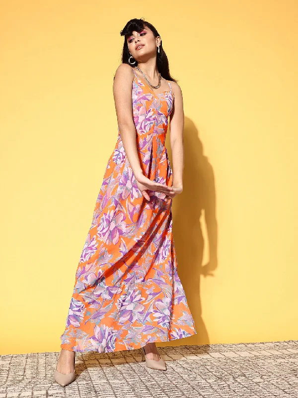 Women Orange & Purple Floral Box Pleat Strappy Maxi Dress